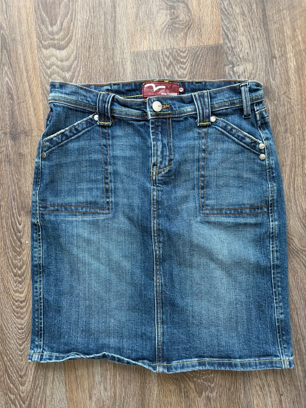 Y2K Miss Vigoss Denim Mini Skirt Jean Skirt Contrast Stitch Pocket Detail 3/4